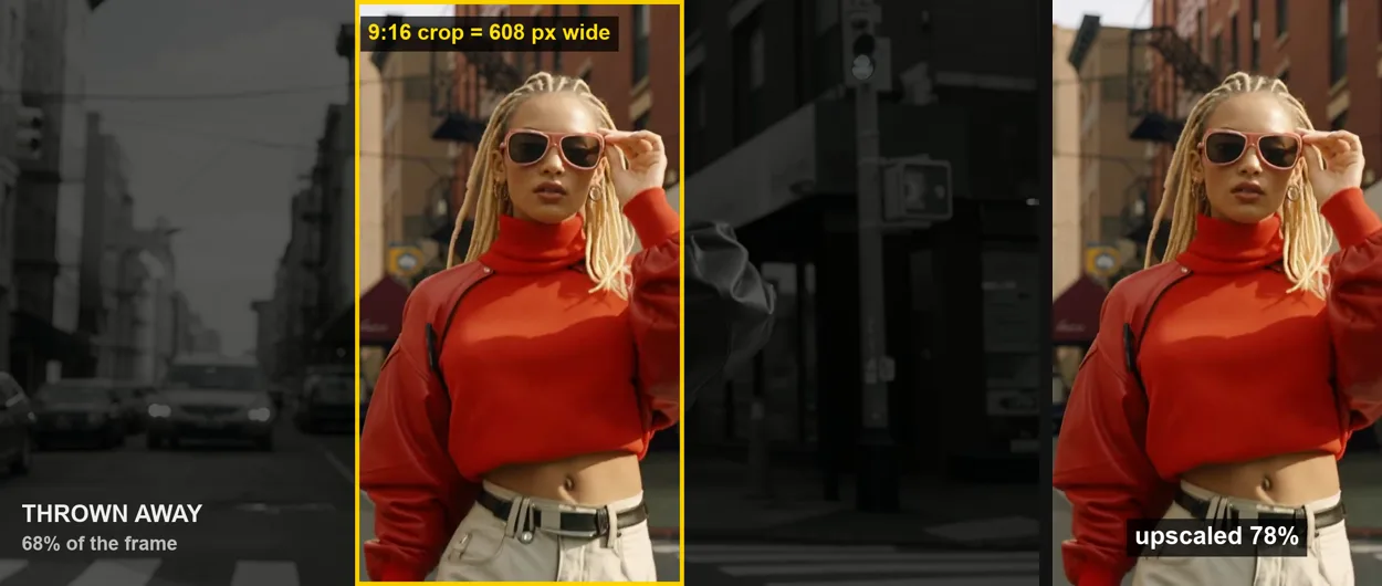 A 1920x1080 clip with a 9:16 crop box marked on it, next to the cropped result